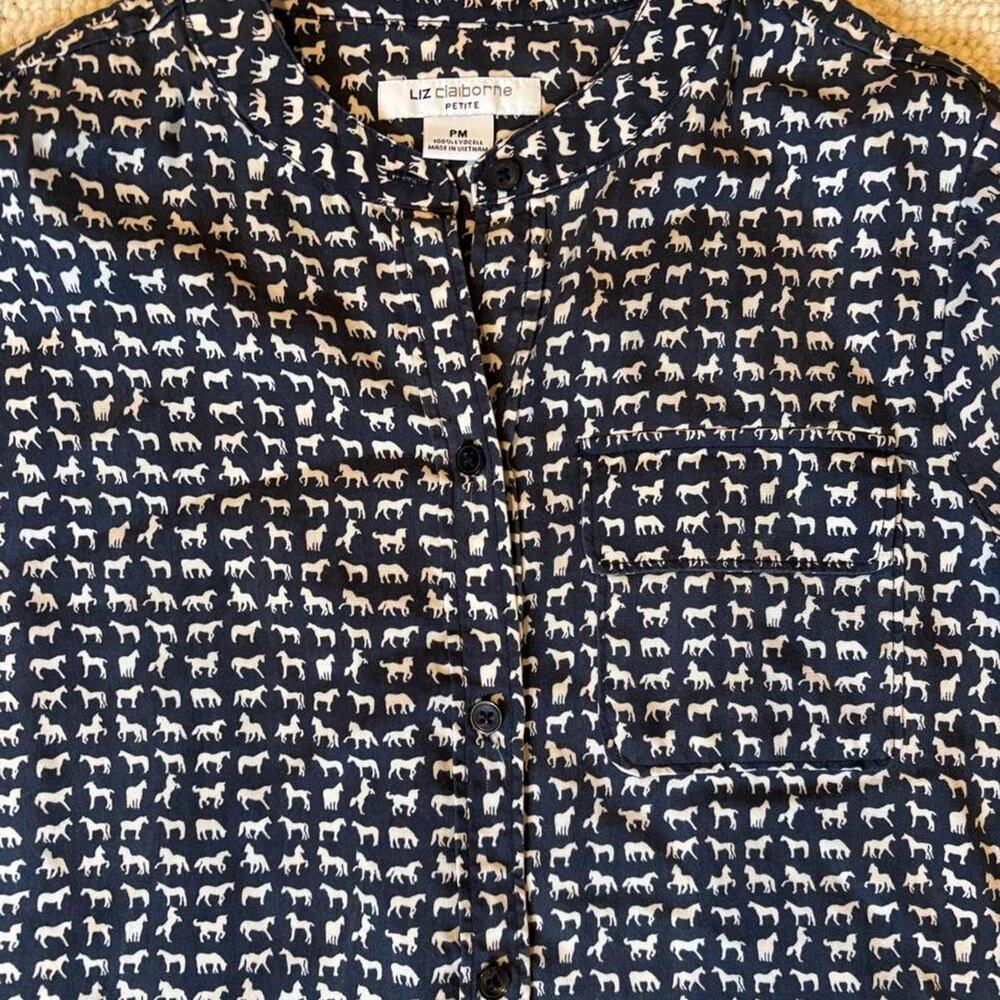 Vintage Liz Claiborne Horse Pattern Button Up Shirt Medium Petite Equestrian